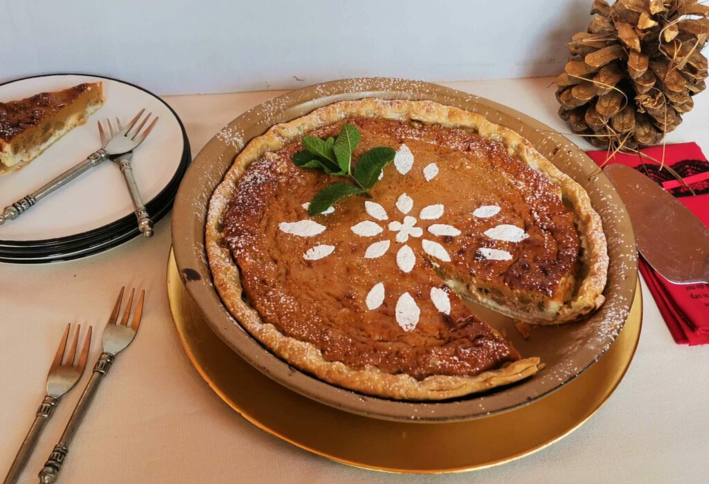 Caramel Pecan Cheesecake Pie in the Argilla Round Pie Dish.