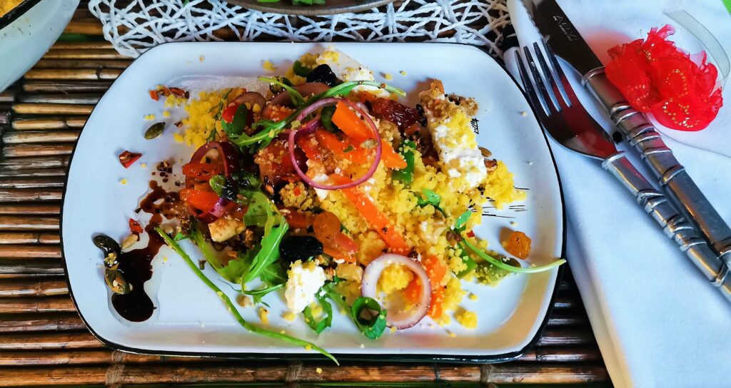Argilla Steak Plate with a generous portion of Polenta Salad.