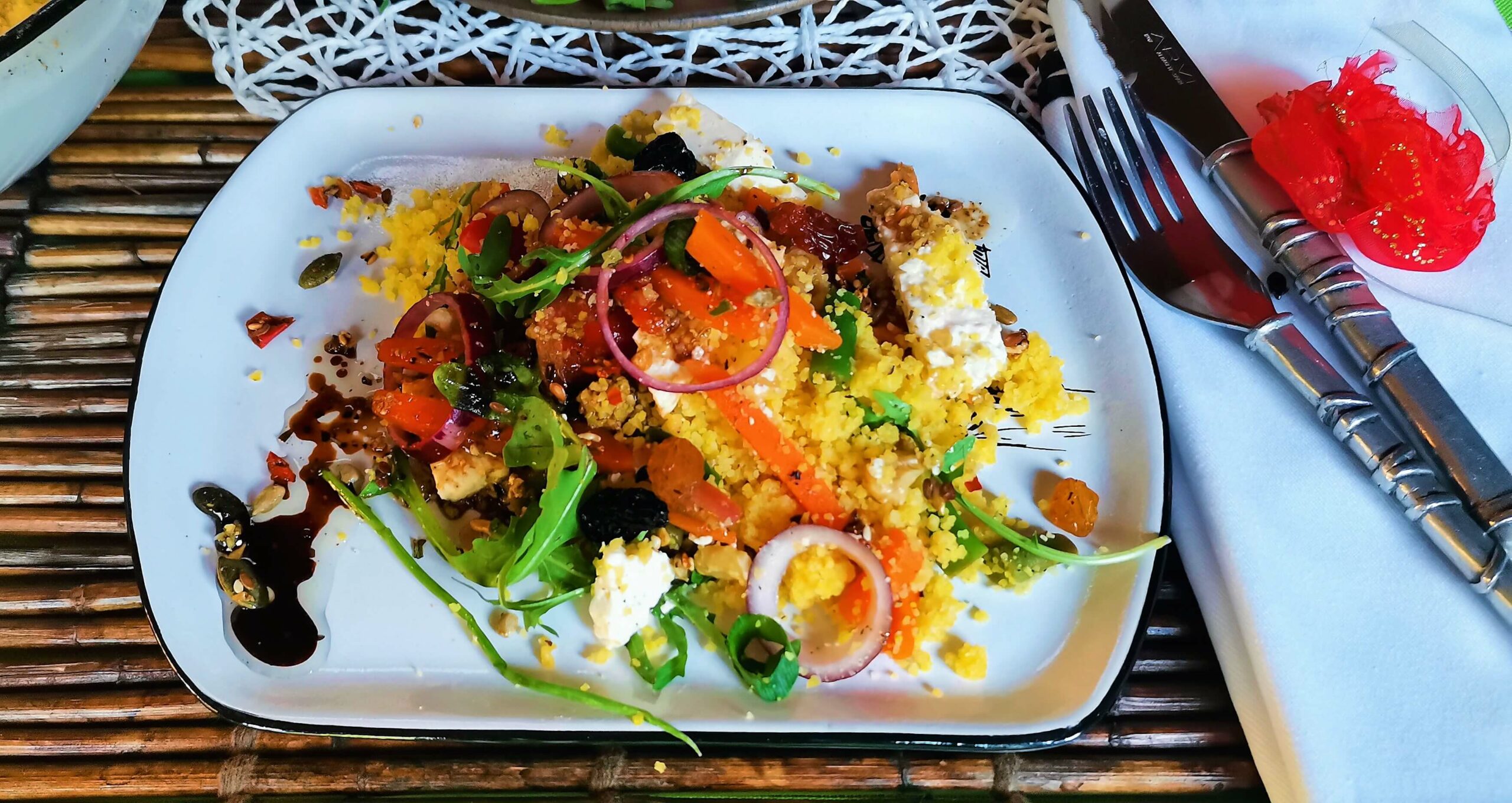 Argilla Steak Plate with a generous portion of Polenta Salad.