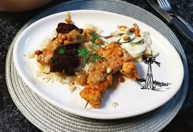 Chicken and Beef Skewers with Satay Sauce and Rice