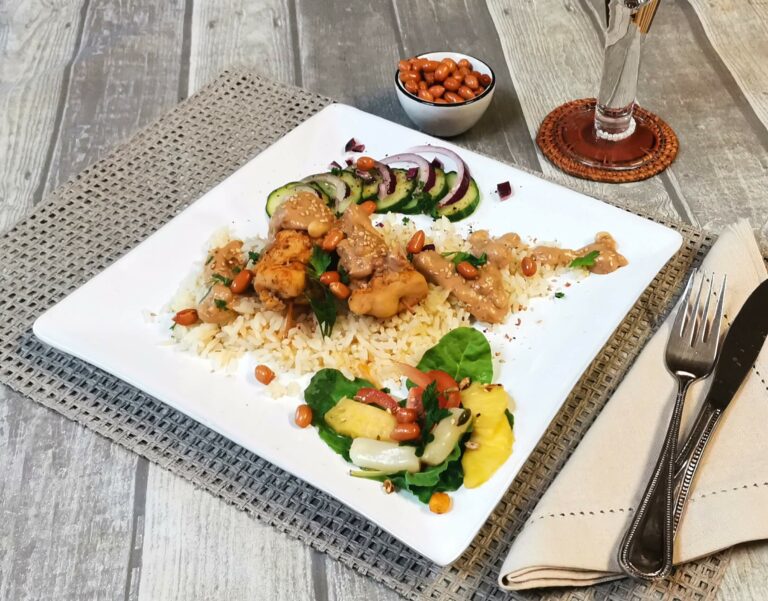Chicken Skewers with rice and salad